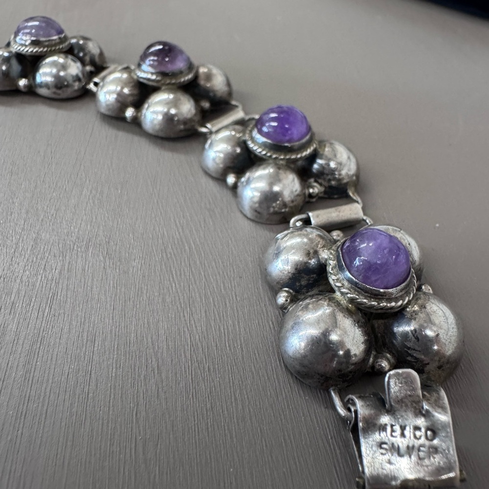 VTG MEXICAN STERLING SILVER AMETHYST QUARTZ  BRACELET